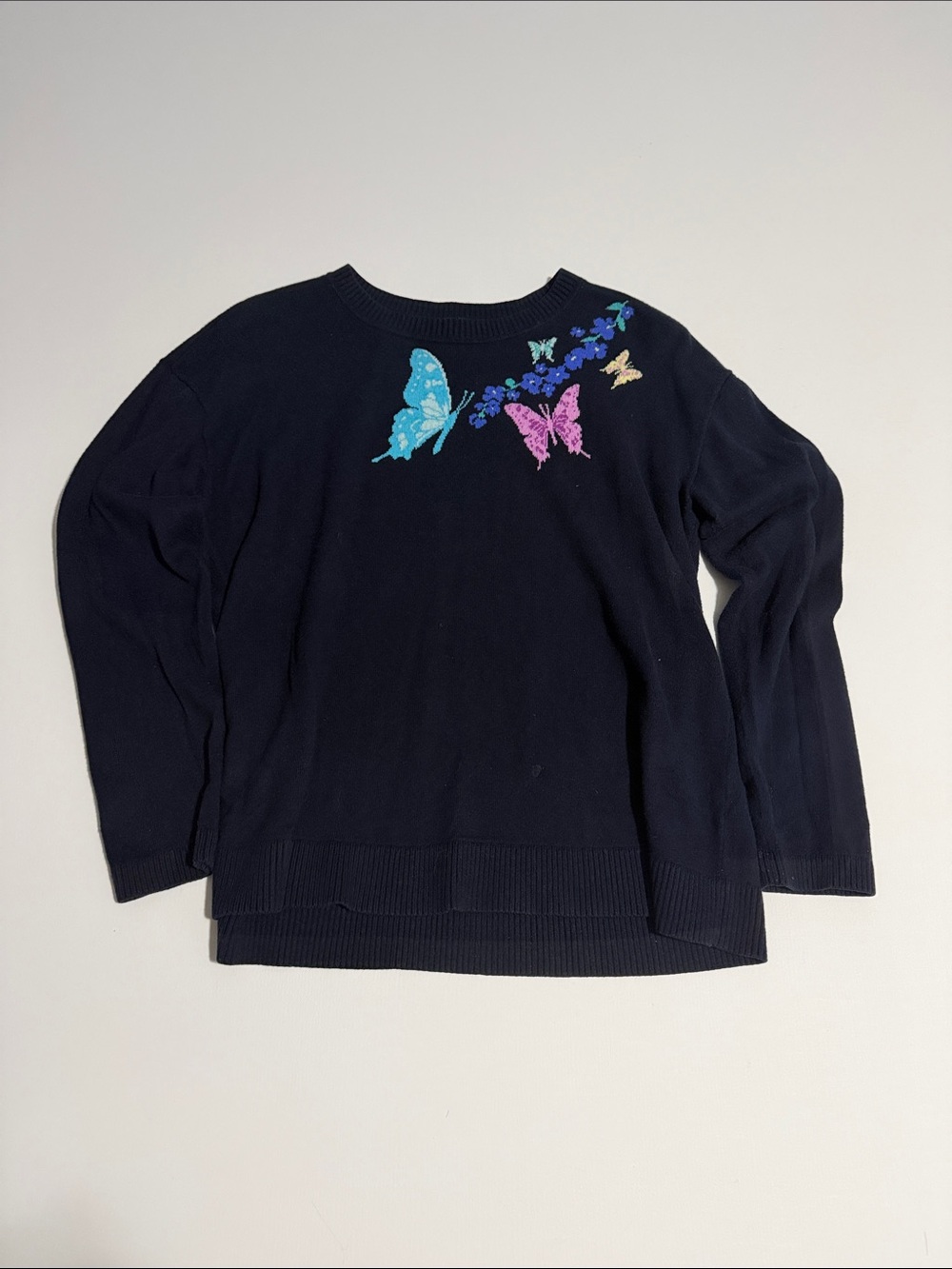 Talbots Women’s Navy Sweater with Multicolor Butterfly Embroidery - M